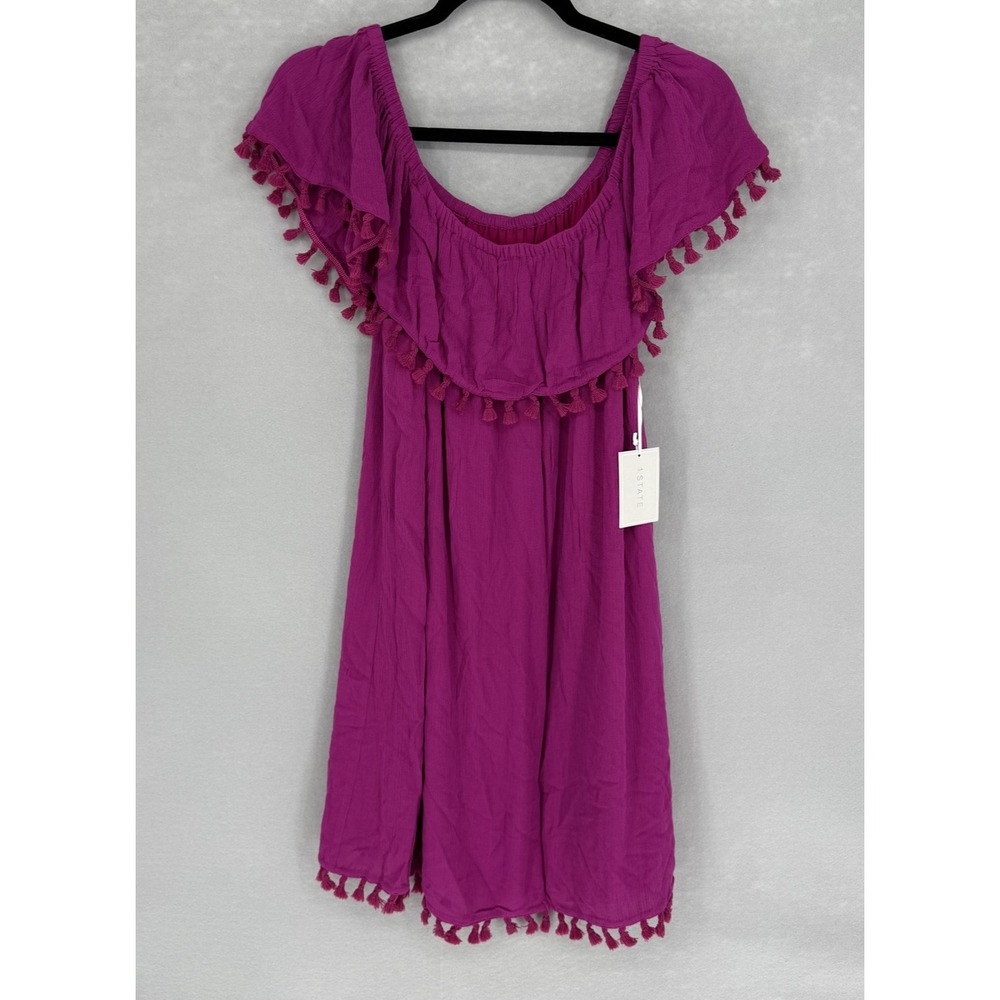 1.STATE Dress Women M Magenta Tassel Trim Off Shoulder Mini Ruffle